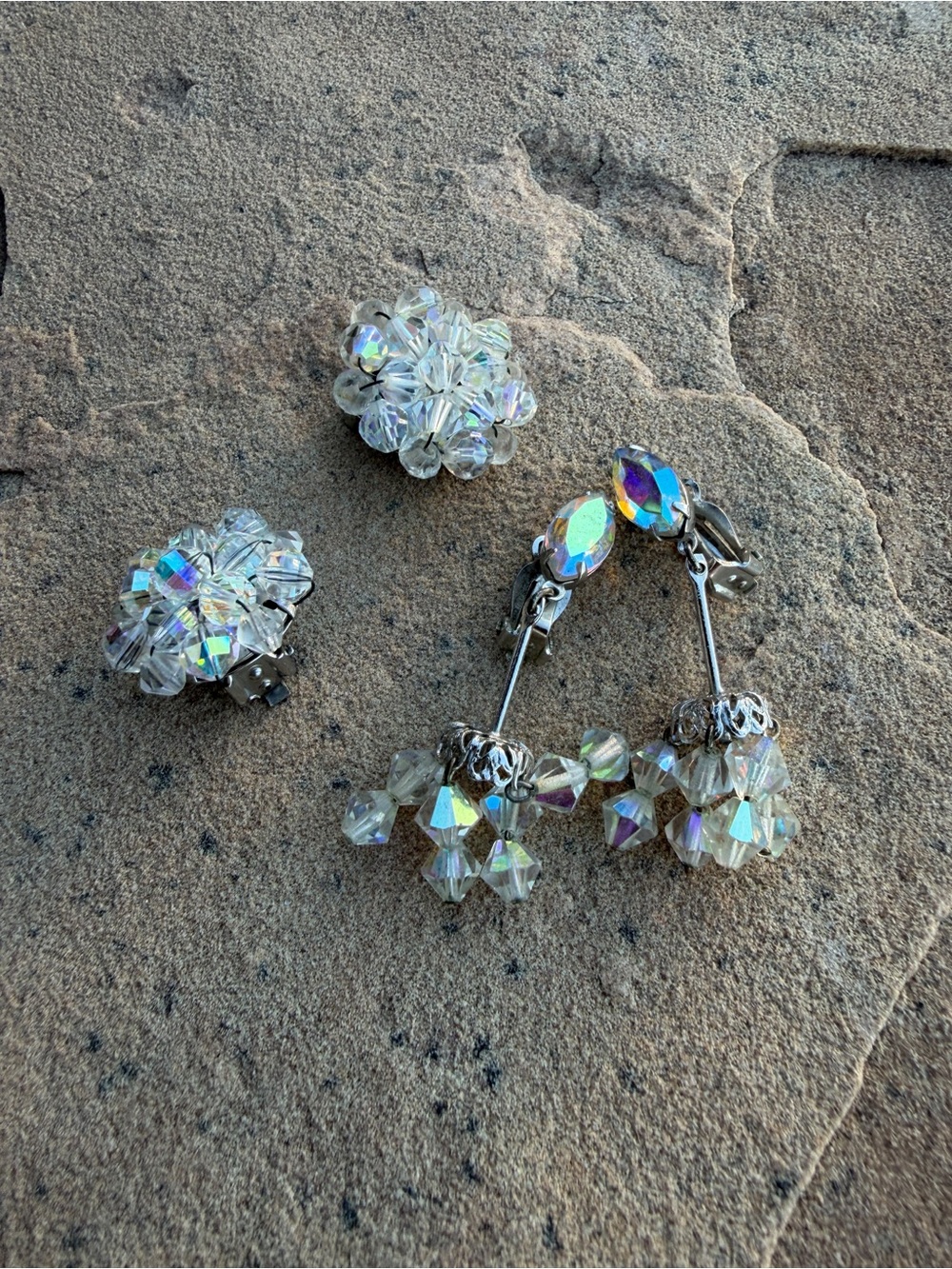 Iridescent Crystal Cluster Clip-On Earrings — Aurora Clear Set